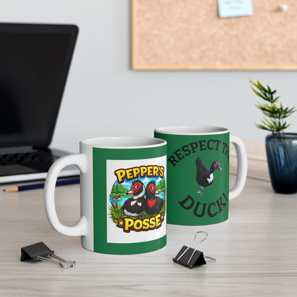 Respect the Duck, Pepper's Posse Duck Mug — Cute Waterfowl Coffee Cup (11 oz)